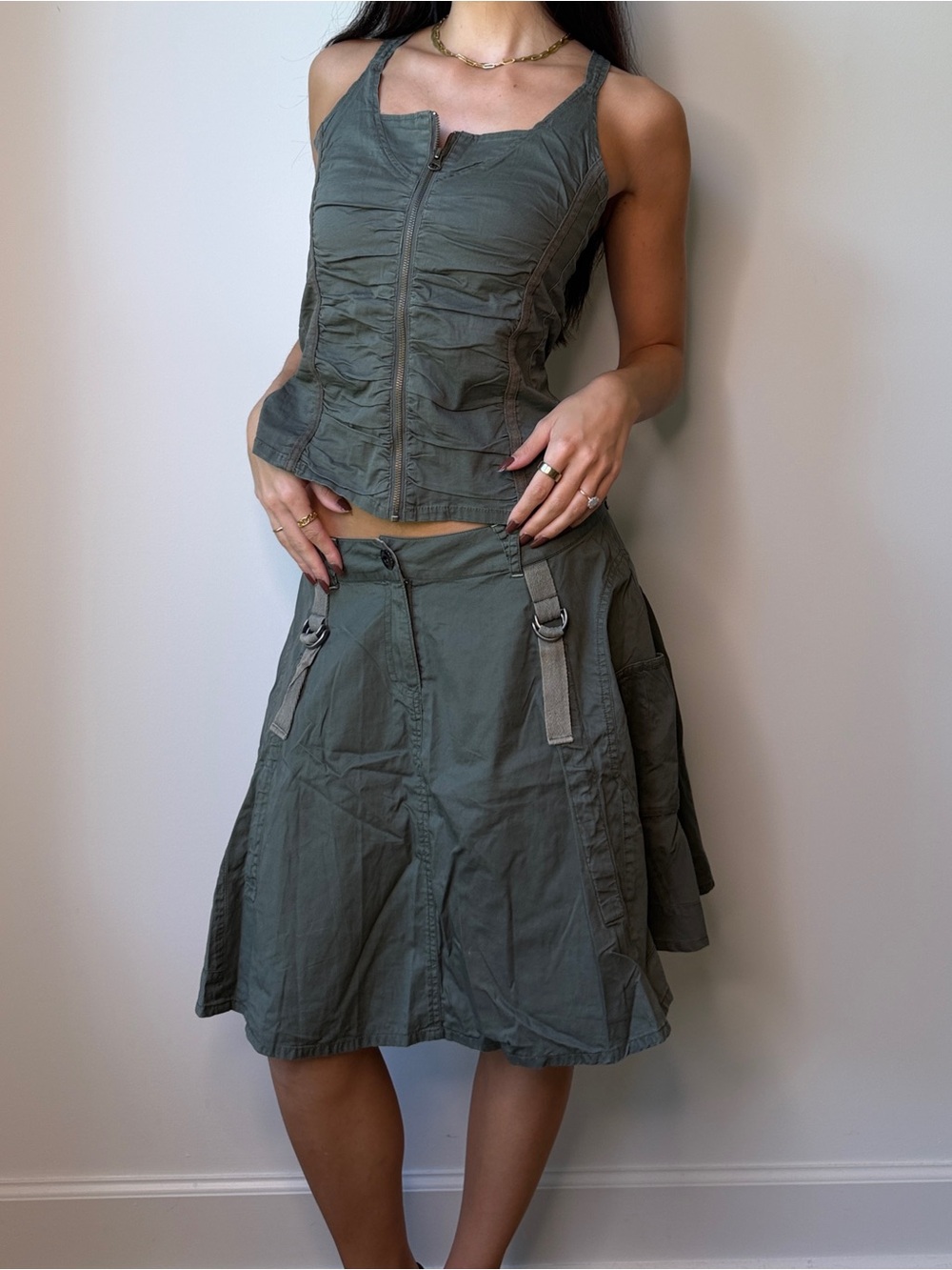 Lola Espeleta Y2K Olive Cargo Two Piece Set Corset Top Flared Mini Skirt